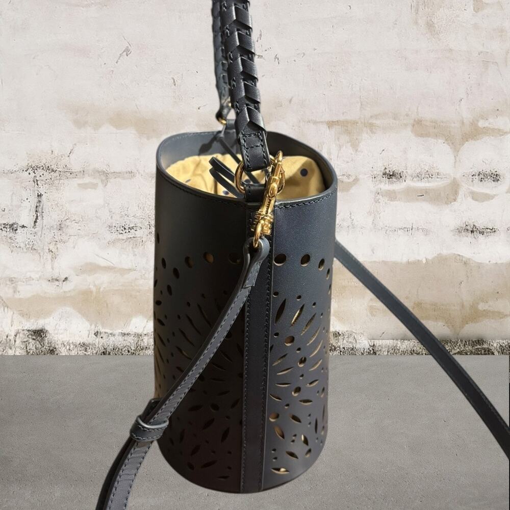 Chico's Navy Laser-Cut Bucket Crossbody with Tan Liner - Picture 5 of 9